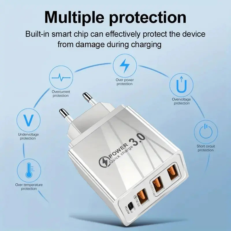 3USB+PD Type-C Mobile Phone Charger for Travel