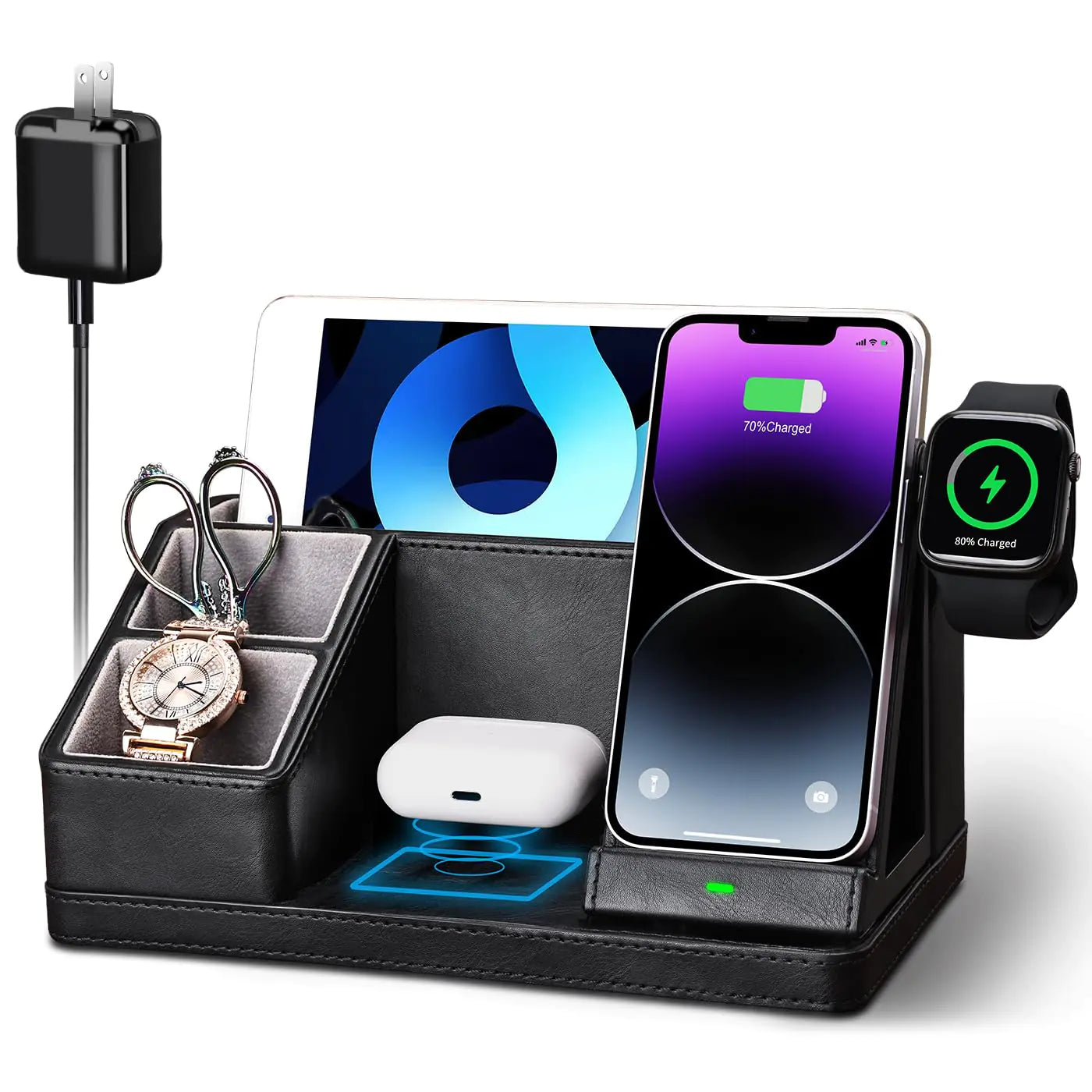 Wireless Charging Station 4 in 1 Wireless Charger for iPhone Fast Wireless Charging Stand Dock for iPhone 15 14 13 12 11 X Pro Max & Apple Watch & AirPods(Black)