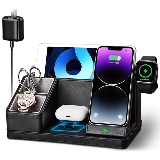 Wireless Charging Station 4 in 1 Wireless Charger for iPhone Fast Wireless Charging Stand Dock for iPhone 15 14 13 12 11 X Pro Max & Apple Watch & AirPods(Black)